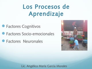 Los Procesos de
Aprendizaje
Factores Cognitivos
Factores Socio-emocionales
Factores Neuronales
Lic. Angélica María García Morales
 