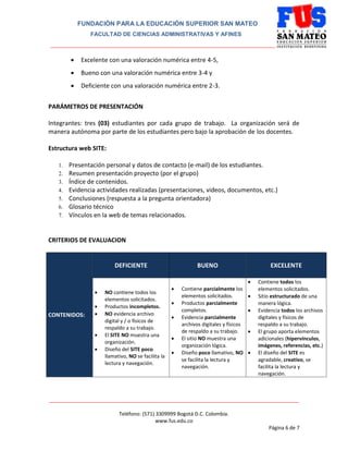 FUNDACIÓN PARA LA EDUCACIÓN SUPERIOR SAN MATEO
FACULTAD DE CIENCIAS ADMINISTRATIVAS Y AFINES
_______________________________________________________________________________
________________________________________________________________________________________
Teléfono: (571) 3309999 Bogotá D.C. Colombia.
www.fus.edu.co
Página 6 de 7
 Excelente con una valoración numérica entre 4-5,
 Bueno con una valoración numérica entre 3-4 y
 Deficiente con una valoración numérica entre 2-3.
PARÁMETROS DE PRESENTACIÓN
Integrantes: tres (03) estudiantes por cada grupo de trabajo. La organización será de
manera autónoma por parte de los estudiantes pero bajo la aprobación de los docentes.
Estructura web SITE:
1. Presentación personal y datos de contacto (e-mail) de los estudiantes.
2. Resumen presentación proyecto (por el grupo)
3. Índice de contenidos.
4. Evidencia actividades realizadas (presentaciones, videos, documentos, etc.)
5. Conclusiones (respuesta a la pregunta orientadora)
6. Glosario técnico
7. Vínculos en la web de temas relacionados.
CRITERIOS DE EVALUACION
CONTENIDOS:
DEFICIENTE BUENO EXCELENTE
 NO contiene todos los
elementos solicitados.
 Productos incompletos.
 NO evidencia archivo
digital y / o físicos de
respaldo a su trabajo.
 El SITE NO muestra una
organización.
 Diseño del SITE poco
llamativo, NO se facilita la
lectura y navegación.
 Contiene parcialmente los
elementos solicitados.
 Productos parcialmente
completos.
 Evidencia parcialmente
archivos digitales y físicos
de respaldo a su trabajo.
 El sitio NO muestra una
organización lógica.
 Diseño poco llamativo, NO
se facilita la lectura y
navegación.
 Contiene todos los
elementos solicitados.
 Sitio estructurado de una
manera lógica.
 Evidencia todos los archivos
digitales y físicos de
respaldo a su trabajo.
 El grupo aporta elementos
adicionales (hipervínculos,
imágenes, referencias, etc.)
 El diseño del SITE es
agradable, creativo, se
facilita la lectura y
navegación.
 
