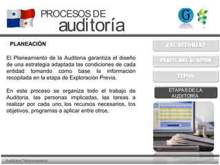 AuditoriaTécnicaexterna
PROCESOSDE
auditoría
ETAPASDE LA
AUDITORÍA
El Planeamiento de la Auditoria garantiza el diseño
de una estrategia adaptada las condiciones de cada
entidad tomando como base la información
recopilada en la etapa de Exploración Previa.
En este proceso se organiza todo el trabajo de
Auditoria, las personas implicadas, las tareas a
realizar por cada uno, los recursos necesarios, los
objetivos, programas a aplicar entre otros.
PLANEACIÓN
 