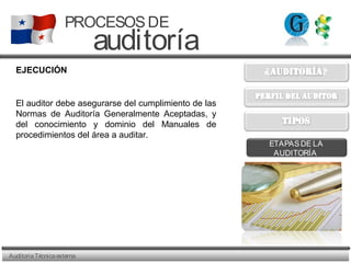 AuditoriaTécnicaexterna
PROCESOSDE
auditoría
ETAPASDE LA
AUDITORÍA
El auditor debe asegurarse del cumplimiento de las
Normas de Auditoría Generalmente Aceptadas, y
del conocimiento y dominio del Manuales de
procedimientos del área a auditar.
EJECUCIÓN
 