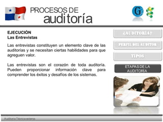 AuditoriaTécnicaexterna
PROCESOSDE
auditoría
ETAPASDE LA
AUDITORÍA
EJECUCIÓN
Las Entrevistas
Las entrevistas constituyen un elemento clave de las
auditorías y se necesitan ciertas habilidades para que
agreguen valor.
Las entrevistas son el corazón de toda auditoría.
Pueden proporcionar información clave para
comprender los éxitos y desafíos de los sistemas.
 