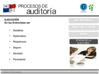 AuditoriaTécnicaexterna
PROCESOSDE
auditoría
ETAPASDE LA
AUDITORÍA
EJECUCIÓN
• Detallista
• Diplomático
• Respetuoso
• Seguro
• Decidido
• Persistente
En las Entrevistas ser
 