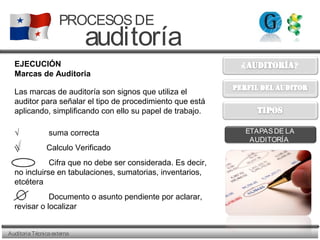 AuditoriaTécnicaexterna
PROCESOSDE
auditoría
ETAPASDE LA
AUDITORÍA
EJECUCIÓN
Marcas de Auditoria
Las marcas de auditoría son signos que utiliza el
auditor para señalar el tipo de procedimiento que está
aplicando, simplificando con ello su papel de trabajo.
√ suma correcta
Calculo Verificado
Cifra que no debe ser considerada. Es decir,
no incluirse en tabulaciones, sumatorias, inventarios,
etcétera
Documento o asunto pendiente por aclarar,
revisar o localizar
 
