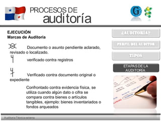 AuditoriaTécnicaexterna
PROCESOSDE
auditoría
ETAPASDE LA
AUDITORÍA
EJECUCIÓN
Marcas de Auditoria
Documento o asunto pendiente aclarado,
revisado o localizado.
verificado contra registros
Verificado contra documento original o
expediente
Confrontado contra evidencia física, se
utiliza cuando algún dato o cifra se
compara contra bienes o artículos
tangibles, ejemplo: bienes inventariados o
fondos arqueados
 