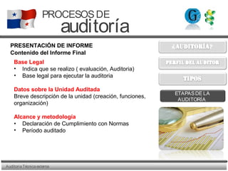 AuditoriaTécnicaexterna
PROCESOSDE
auditoría
ETAPASDE LA
AUDITORÍA
PRESENTACIÓN DE INFORME
Contenido del Informe Final
Base Legal
• Indica que se realizo ( evaluación, Auditoria)
• Base legal para ejecutar la auditoria
Datos sobre la Unidad Auditada
Breve descripción de la unidad (creación, funciones,
organización)
Alcance y metodología
• Declaración de Cumplimiento con Normas
• Período auditado
 