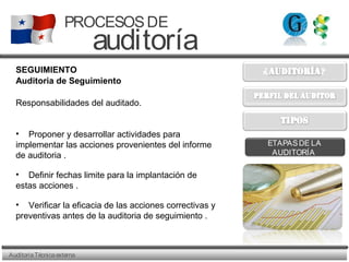 AuditoriaTécnicaexterna
PROCESOSDE
auditoría
ETAPASDE LA
AUDITORÍA
SEGUIMIENTO
Auditoria de Seguimiento
Responsabilidades del auditado.
• Proponer y desarrollar actividades para
implementar las acciones provenientes del informe
de auditoria .
• Definir fechas limite para la implantación de
estas acciones .
• Verificar la eficacia de las acciones correctivas y
preventivas antes de la auditoria de seguimiento .
 
