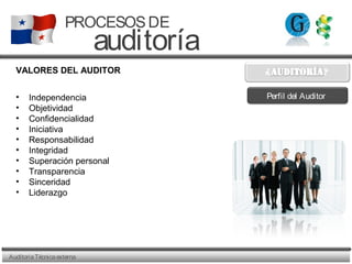 AuditoriaTécnicaexterna
PROCESOSDE
auditoría
VALORES DEL AUDITOR
• Independencia
• Objetividad
• Confidencialidad
• Iniciativa
• Responsabilidad
• Integridad
• Superación personal
• Transparencia
• Sinceridad
• Liderazgo
Perfil del Auditor
 