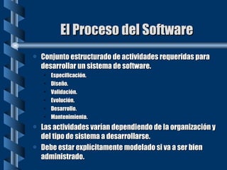 El Proceso del Software Conjunto estructurado de actividades requeridas para desarrollar un sistema de software. Especificación. Diseño. Validación. Evolución. Desarrollo. Mantenimiento. Las actividades varían dependiendo de la organización y del tipo de sistema a desarrollarse. Debe estar explícitamente modelado si va a ser bien administrado. 