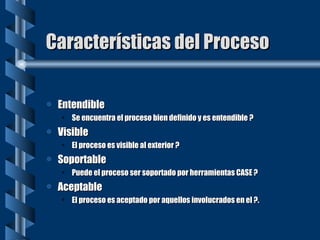 Características del Proceso Entendible Se encuentra el proceso bien definido y es entendible ? Visible El proceso es visible al exterior ? Soportable Puede el proceso ser soportado por herramientas CASE ? Aceptable El proceso es aceptado por aquellos involucrados en el ?. 