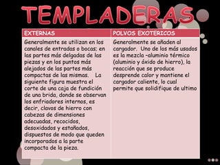 EXTERNAS POLVOS EXOTERICOS
Generalmente se utilizan en los
canales de entradas o bocas; en
las partes más delgadas de las
piezas y en los puntos más
alejados de las partes más
compactas de las mismas. La
siguiente figura muestra el
corte de una caja de fundición
de una brida, donde se observan
los enfriadores internos, es
decir, clavos de hierro con
cabezas de dimensiones
adecuadas, recocidos,
desoxidados y estañados,
dispuestos de modo que queden
incorporados a la parte
compacta de la pieza.
Generalmente se añaden al
cargador. Uno de los más usados
es la mezcla –aluminio térmico
(aluminio y óxido de hierro), la
reacción que se produce
desprende calor y mantiene el
cargador caliente, lo cual
permite que solidifique de ultimo
 