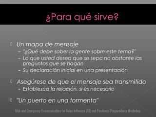  Un mapa de mensaje
– "¿Qué debe saber la gente sobre este tema?"
– Lo que usted desea que se sepa no obstante las
preguntas que se hagan
– Su declaración inicial en una presentación
 Asegúrese de que el mensaje sea transmitido
– Establezca la relación, si es necesario
 "Un puerto en una tormenta"
 