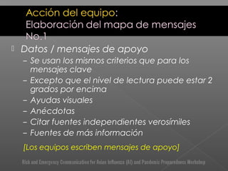  Datos / mensajes de apoyo
– Se usan los mismos criterios que para los
mensajes clave
– Excepto que el nivel de lectura puede estar 2
grados por encima
– Ayudas visuales
– Anécdotas
– Citar fuentes independientes verosímiles
– Fuentes de más información
[Los equipos escriben mensajes de apoyo]
 