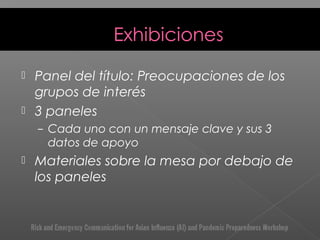  Panel del título: Preocupaciones de los
grupos de interés
 3 paneles
– Cada uno con un mensaje clave y sus 3
datos de apoyo
 Materiales sobre la mesa por debajo de
los paneles
 