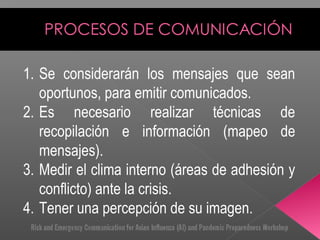 1. Se considerarán los mensajes que sean
oportunos, para emitir comunicados.
2. Es necesario realizar técnicas de
recopilación e información (mapeo de
mensajes).
3. Medir el clima interno (áreas de adhesión y
conflicto) ante la crisis.
4. Tener una percepción de su imagen.
 