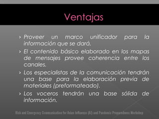 › Proveer un marco unificador para la
información que se dará.
› El contenido básico elaborado en los mapas
de mensajes provee coherencia entre los
canales.
› Los especialistas de la comunicación tendrán
una base para la elaboración previa de
materiales (preformateado).
› Los voceros tendrán una base sólida de
información.
 