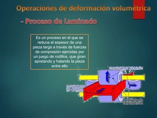 Es un proceso en el que se
reduce el espesor de una
pieza larga a través de fuerzas
de compresión ejercidas por
un juego de rodillos, que giran
apretando y halando la pieza
entre ello
 