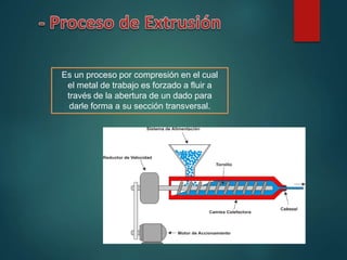 Es un proceso por compresión en el cual
el metal de trabajo es forzado a fluir a
través de la abertura de un dado para
darle forma a su sección transversal.
 