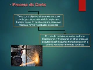 Tiene como objetivo eliminar en forma de
viruta, porciones de metal de la pieza a
trabajar, con el fin de obtener una pieza con
medidas, forma y acabados deseados
El corte de metales se realiza en torno,
taladradoras, y fresadoras en otros procesos
ejecutados por máquinas herramientas con el
uso de varias herramientas cortantes
 