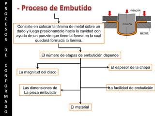 Consiste en colocar la lámina de metal sobre un
dado y luego presionándolo hacia la cavidad con
ayuda de un punzón que tiene la forma en la cual
quedará formada la lámina.
El número de etapas de embutición depende
La magnitud del disco
Las dimensiones de
La pieza embutida
La facilidad de embutición
El material
El espesor de la chapa
 