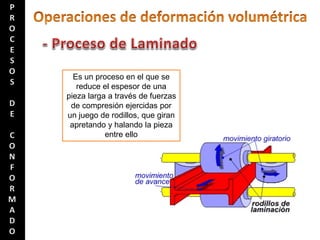 Es un proceso en el que se
reduce el espesor de una
pieza larga a través de fuerzas
de compresión ejercidas por
un juego de rodillos, que giran
apretando y halando la pieza
entre ello
 