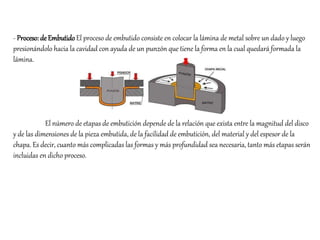 - Proceso: deEmbutidoEl proceso de embutido consiste en colocar la lámina de metal sobre un dado y luego
presionándolo hacia la cavidad con ayuda de un punzón que tiene la forma en la cual quedará formada la
lámina.
El número de etapas de embutición depende de la relación que exista entre la magnitud del disco
y de las dimensiones de la pieza embutida, de la facilidad de embutición, del material y del espesor de la
chapa. Es decir, cuanto más complicadas las formas y más profundidad sea necesaria, tanto más etapas serán
incluidas en dicho proceso.
 