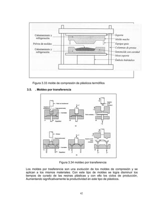 42
Figura 3.33 molde de compresión de plásticos termófilos
3.5. . Moldeo por transferencia
Figura 3.34 moldeo por transferencia
Los moldes por trasferencia son una evolución de los moldes de compresión y se
aplican a los mismos materiales. Con este tipo de moldes se logra disminuir los
tiempos de curado de las resinas plásticas y con ello los ciclos de producción,
Aumentando significativamente la productividad en este tipo de plásticos.
 