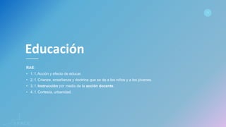www.spacediseno.com
© 2016 Arturo Llaca. All Rights Reserved.
20
RAE:
• 1. f. Acción y efecto de educar.
• 2. f. Crianza, enseñanza y doctrina que se da a los niños y a los jóvenes.
• 3. f. Instrucción por medio de la acción docente.
• 4. f. Cortesía, urbanidad.
Educación
 