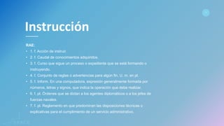 www.spacediseno.com
© 2016 Arturo Llaca. All Rights Reserved.
21
RAE:
• 1. f. Acción de instruir.
• 2. f. Caudal de conocimientos adquiridos.
• 3. f. Curso que sigue un proceso o expediente que se está formando o
instruyendo.
• 4. f. Conjunto de reglas o advertencias para algún fin. U. m. en pl.
• 5. f. Inform. En una computadora, expresión generalmente formada por
números, letras y signos, que indica la operación que debe realizar.
• 6. f. pl. Órdenes que se dictan a los agentes diplomáticos o a los jefes de
fuerzas navales.
• 7. f. pl. Reglamento en que predominan las disposiciones técnicas o
explicativas para el cumplimiento de un servicio administrativo.
Instrucción
 