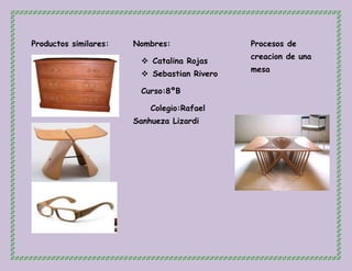 Productos similares: Nombres:
 Catalina Rojas
 Sebastian Rivero
Curso:8ºB
Colegio:Rafael
Sanhueza Lizardi
Procesos de
creacion de una
mesa
 