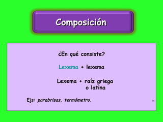 ¿En qué consiste? Lexema  + lexema Lexema + raíz griega    o latina Ejs:  parabrisas, termómetro.   91 Composición  