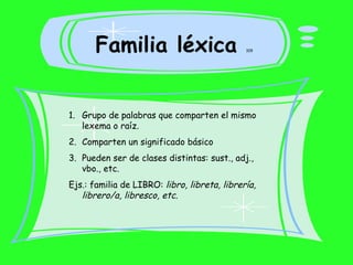 Familia léxica  109 Grupo de palabras que comparten el mismo lexema o raíz. Comparten un significado básico Pueden ser de clases distintas: sust., adj., vbo., etc. Ejs.: familia de LIBRO:  libro, libreta, librería, librero/a, libresco, etc. 