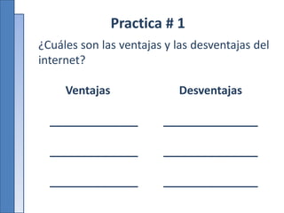 Practica # 1
¿Cuáles son las ventajas y las desventajas del
internet?
Ventajas Desventajas
______________ _______________
______________ _______________
______________ _______________
 