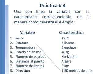 Práctica # 4
Una con línea la variable con su
característica correspondiente, de la
manera como muestra el ejemplo:
Variable Característica
1. Peso
2. Estatura
3. Temperatura
4. Estado de ánimo
5. Número de equipos
6. Distancia al puerto
7. Número de llantas
8. Dirección
28 C
2 llantas
6 equipos
48kg
Horizontal
Alegre
5 Km
1,50 metros de alto
 