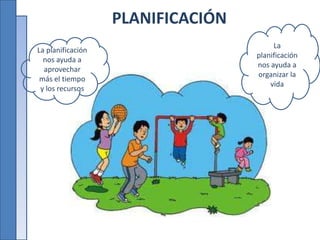 PLANIFICACIÓN
La planificación
nos ayuda a
aprovechar
más el tiempo
y los recursos
La
planificación
nos ayuda a
organizar la
vida
 