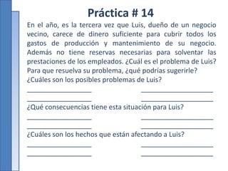Práctica # 14
En el año, es la tercera vez que Luis, dueño de un negocio
vecino, carece de dinero suficiente para cubrir todos los
gastos de producción y mantenimiento de su negocio.
Además no tiene reservas necesarias para solventar las
prestaciones de los empleados. ¿Cuál es el problema de Luis?
Para que resuelva su problema, ¿qué podrías sugerirle?
¿Cuáles son los posibles problemas de Luis?
_________________ ___________________
_________________ ___________________
¿Qué consecuencias tiene esta situación para Luis?
_________________ ___________________
_________________ ___________________
¿Cuáles son los hechos que están afectando a Luis?
_________________ ___________________
_________________ ___________________
 