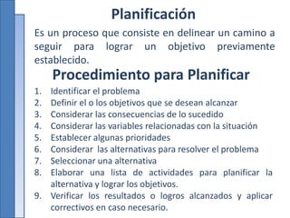Planificación
Es un proceso que consiste en delinear un camino a
seguir para lograr un objetivo previamente
establecido.
Procedimiento para Planificar
1. Identificar el problema
2. Definir el o los objetivos que se desean alcanzar
3. Considerar las consecuencias de lo sucedido
4. Considerar las variables relacionadas con la situación
5. Establecer algunas prioridades
6. Considerar las alternativas para resolver el problema
7. Seleccionar una alternativa
8. Elaborar una lista de actividades para planificar la
alternativa y lograr los objetivos.
9. Verificar los resultados o logros alcanzados y aplicar
correctivos en caso necesario.
 
