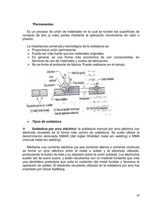 *Permanentes
Es un proceso de unión de materiales en la cual se funden las superficies de
contacto de dos (o más) partes mediante la aplicación conveniente de calor o
presión.
La importancia comercial y tecnológica de la soldadura es:
 Proporciona unión permanente.
 Puede ser más fuerte que los materiales originales.
 En general, es una forma más económica de unir componentes, en
términos de uso de materiales y costos de fabricación.
 No se limita al ambiente de fábrica. Puede realizarse en el campo.

Tipos de soldadura

Soldadura por arco eléctrico: la soldadura manual por arco eléctrico con
electrodo revestido es la forma más común de soldadura. Se suele utilizar la
denominación abreviada SMAW (del inglés Shielded metal arc welding) o MMA
(manual metal arc welding).
Mediante una corriente eléctrica (ya sea corriente alterna o corriente continua)
se forma un arco eléctrico entre el metal a soldar y el electrodo utilizado,
produciendo la fusión de éste y su depósito sobre la unión soldada. Los electrodos
suelen ser de acero suave, y están recubiertos con un material fundente que crea
una atmósfera protectora que evita la oxidación del metal fundido y favorece la
operación de soldeo. El electrodo recubierto utilizado en la soldadura por arco fue
inventado por Oscar Kjellberg.

24

 