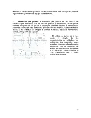 resistencia son eficientes y causan poca contaminación, pero sus aplicaciones son
algo limitadas y el costo del equipo puede ser alto.


Soldadura por puntos:La soldadura por puntos es un método de
soldadura por resistencia que se basa en presión y temperatura, en el que se
calienta una parte de las piezas a soldar por corriente eléctrica a temperaturas
próximas a la fusión y se ejerce una presión entre las mismas. Generalmente se
destina a la soldadura de chapas o láminas metálicas, aplicable normalmente
entre 0,5mm y 3mm de espesor.
El soldeo por puntos es el más
común
y
simple
de
los
procedimientos de soldadura por
resistencia. Los materiales bases
se deben disponer solapados entre
electrodos, que se encargan de
aplicar secuencialmente la presión
y la corriente correspondiente al
ciclo produciendo uno o varios
puntos de soldadura.

27

 