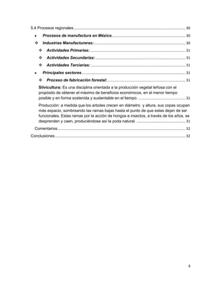 5.4 Procesos regionales ................................................................................................................ 30
Procesos de manufactura en México.......................................................................... 30


Industrias Manufactureras:............................................................................................ 30


Actividades Primarias: ................................................................................................ 31



Actividades Secundarias: .......................................................................................... 31



Actividades Terciarias: ............................................................................................... 31
Principales sectores ........................................................................................................ 31



Proceso de fabricación forestal: .............................................................................. 31

Silvicultura: Es una disciplina orientada a la producción vegetal leñosa con el
propósito de obtener el máximo de beneficios económicos, en el menor tiempo
posible y en forma sostenida y sustentable en el tiempo. ............................................... 31
Producción: a medida que los arboles crecen en diámetro y altura, sus copas ocupan
más espacio, sombreando las ramas bajas hasta el punto de que estas dejan de ser
funcionales. Estas ramas por la acción de hongos e insectos, a través de los años, se
desprenden y caen, produciéndose así la poda natural. ................................................. 31
Comentarios ................................................................................................................................ 32
Conclusiones ................................................................................................................................... 32

4

 