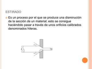 ESTIRADO
 Es un proceso por el que se produce una disminución
de la sección de un material; esto se consigue
haciéndolo pasar a través de unos orificios calibrados
denominados hileras.
 
