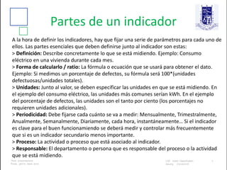 Partes de un indicador
A la hora de definir los indicadores, hay que fijar una serie de parámetros para cada uno de
ellos. Las partes esenciales que deben definirse junto al indicador son estas:
> Definición: Describe concretamente lo que se está midiendo. Ejemplo: Consumo
eléctrico en una vivienda durante cada mes.
> Forma de calcularlo / ratio: La fórmula o ecuación que se usará para obtener el dato.
Ejemplo: Si medimos un porcentaje de defectos, su fórmula será 100*(unidades
defectuosas/unidades totales).
> Unidades: Junto al valor, se deben especificar las unidades en que se está midiendo. En
el ejemplo del consumo eléctrico, las unidades más comunes serían kWh. En el ejemplo
del porcentaje de defectos, las unidades son el tanto por ciento (los porcentajes no
requieren unidades adicionales).
> Periodicidad: Debe fijarse cada cuánto se va a medir: Mensualmente, Trimestralmente,
Anualmente, Semanalmente, Diariamente, cada hora, instantáneamente… Si el indicador
es clave para el buen funcionamiendo se deberá medir y controlar más frecuentemente
que si es un indicador secundario menos importante.
> Proceso: La actividad o proceso que está asociado al indicador.
> Responsable: El departamento o persona que es responsable del proceso o la actividad
que se está midiendo.
 