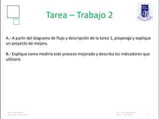 Tarea – Trabajo 2
A.- A partir del diagrama de flujo y descripción de la tarea 1, proponga y explique
un proyecto de mejora.
B.- Explique como mediría este proceso mejorado y describa los indicadores que
utilizará.
 