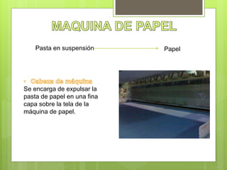 Pasta en suspensión Papel
Se encarga de expulsar la
pasta de papel en una fina
capa sobre la tela de la
máquina de papel.
 