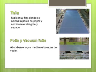 Malla muy fina donde se
coloca la pasta de papel y
comienza el desgote y
secado
Absorben el agua mediante bombas de
vacío.
 
