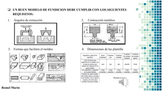 Romel Marin
 UN BUEN MODELO DE FUNDICION DEBE CUMPLIR CON LOS SIGUIENTES
REQUISITOS:
1. Ángulos de extracción 2. Contracción metálica
3. Formas que faciliten el moldeo 4. Dimensiones de las plantilla
 