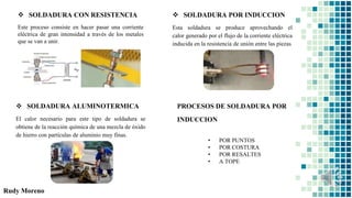 Rudy Moreno
 SOLDADURA CON RESISTENCIA
Este proceso consiste en hacer pasar una corriente
eléctrica de gran intensidad a través de los metales
que se van a unir.
 SOLDADURA POR INDUCCION
Esta soldadura se produce aprovechando el
calor generado por el flujo de la corriente eléctrica
inducida en la resistencia de unión entre las piezas
• POR PUNTOS
• POR COSTURA
• POR RESALTES
• A TOPE
PROCESOS DE SOLDADURA POR
INDUCCION
 SOLDADURA ALUMINOTERMICA
El calor necesario para este tipo de soldadura se
obtiene de la reacción química de una mezcla de óxido
de hierro con partículas de aluminio muy finas.
 
