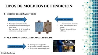 Osvaicelys Reyes
TIPOS DE MOLDEOS DE FUNDICION
 MOLDEO DE ARENA EN VERDE
• Es un procedimiento sencillo
• Se obtiene un enfriamiento rápido
de la pieza
• La impresión de la cavidad de
obtiene con relativa precisión
 MOLDEO EN VERDE CON SECADO SUPERFICIAL
• Vaciar piezas más pesadas
• Se evita el templado superficial
• Se mejora el acabado superficial
Ventajas de este moldeo:
• La poca resistencia del molde
• No se tiene resistencia en la
erosión
• Requiere de mano de obra
calificada
Ventajas de este moldeo:
Problemas mas comunes:
 