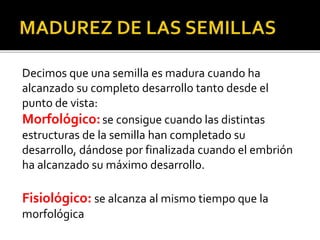Decimos que una semilla es madura cuando ha
alcanzado su completo desarrollo tanto desde el
punto de vista:
Morfológico:se consigue cuando las distintas
estructuras de la semilla han completado su
desarrollo, dándose por finalizada cuando el embrión
ha alcanzado su máximo desarrollo.
Fisiológico: se alcanza al mismo tiempo que la
morfológica
 