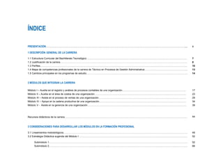 ÍNDICE
PRESENTACIÓN………………………………………………………………………………………………………………………………………………………………….... 4
1 DESCRIPCIÓN GENERAL DE LA CARRERA
1.1 Estructura Curricular del Bachillerato Tecnológico ………………………………………………………………………………………………………….
1.2 Justificación de la carrera……………………………………………………………………………………………………………………………………….
1.3 Perfiles…………………………………………………………………………………………………………………………………………………………….
1.4 Mapa de competencias profesionales de la carrera de Técnico en Procesos de Gestión Administrativa…………..………………………………...
1.5 Cambios principales en los programas de estudio…………………………………………………………………………………………………………...
7
8
10
13
14
2 MÓDULOS QUE INTEGRAN LA CARRERA
Módulo I – Auxilia en el registro y análisis de procesos contables de una organización…………………………………………………………………..
Módulo II – Auxilia en el área de costos de una organización……………….………………………………………………………………………………..
Módulo III – Asiste en el proceso de ventas de una organización…………………………………………………………………………………………….
Módulo IV – Apoya en la cadena productiva de una organización……………………………………………………………………………………………
Módulo V - Asiste en la gerencia de una organización………………………………..……………………………………………………………………….
17
23
29
34
39
Recursos didácticos de la carrera………………………………………………………………………………………………………………………………..... 44
3 CONSIDERACIONES PARA DESARROLLAR LOS MÓDULOS EN LA FORMACIÓN PROFESIONAL
3.1 Lineamientos metodológicos……………………………………………………………………………………………………………………………………
3.2 Estrategia Didáctica sugerida del Módulo I …….…………………………………………………………………………………………………………….
49
52
Submódulo 1…………………………………………………………………………………………………………………………………………………...
Submódulo 2…………………………………………………………………………………………………………………………………………………...
52
66
 