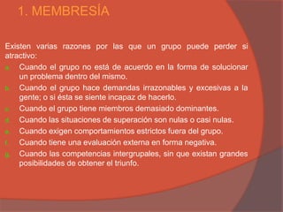 1. MEMBRESÍA

Existen varias razones por las que un grupo puede perder si
atractivo:
a. Cuando el grupo no está de acuerdo en la forma de solucionar
    un problema dentro del mismo.
b. Cuando el grupo hace demandas irrazonables y excesivas a la
    gente; o si ésta se siente incapaz de hacerlo.
c. Cuando el grupo tiene miembros demasiado dominantes.
d. Cuando las situaciones de superación son nulas o casi nulas.
e. Cuando exigen comportamientos estrictos fuera del grupo.
f.  Cuando tiene una evaluación externa en forma negativa.
g. Cuando las competencias intergrupales, sin que existan grandes
    posibilidades de obtener el triunfo.
 